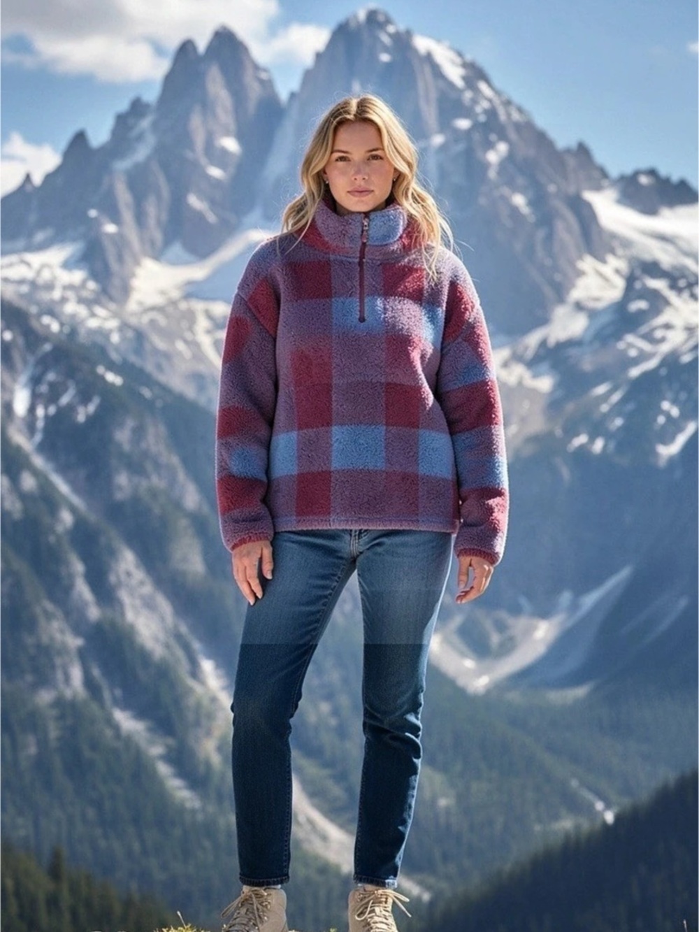 Eddie Bauer Women's Plaid Fleece Jacket in Blue & Red Size Large Like